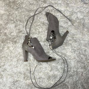 SUGAR "Kacy" Open Toe Lace Up Grey Suede Heels Women